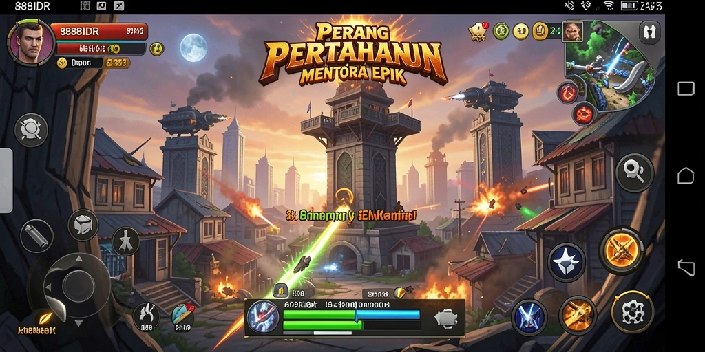Screenshot gameplay 888IDR menampilkan menara yang berdiri kokoh melawan serangan musuh.
