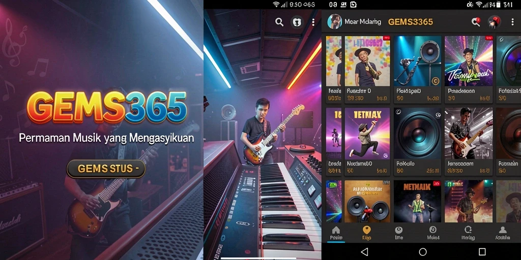 Tangkapan layar utama dari GEMS365 menampilkan gameplay musik yang seru.