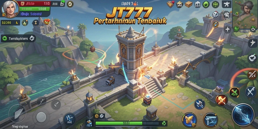 Tampilan gameplay menara dengan berbagai strategi serangan.
