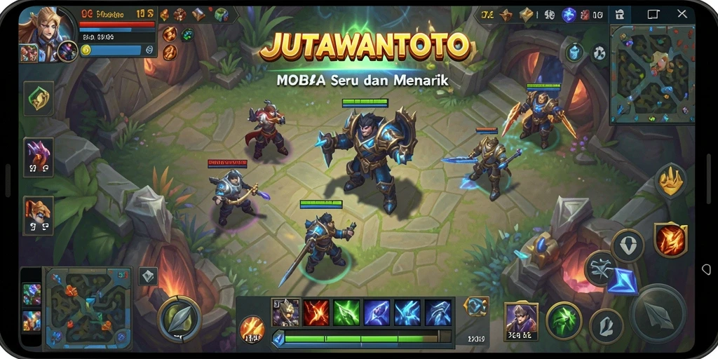 Screenshot dari gameplay intens JUTAWANTOTO dalam aksi MOBA.