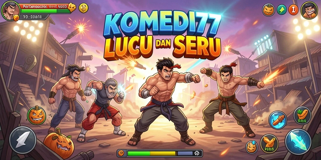 Screenshot gameplay KOMEDI77 menunjukkan pertarungan karakter yang lucu dan seru.