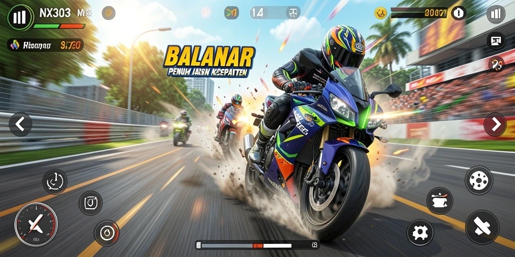 Gameplay balapan motor yang mendebarkan dan penuh aksi.