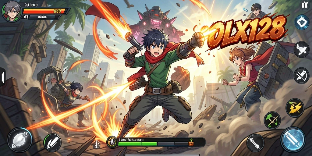 Tampilan gameplay OLX128 dengan aksi seru karakter Anime.