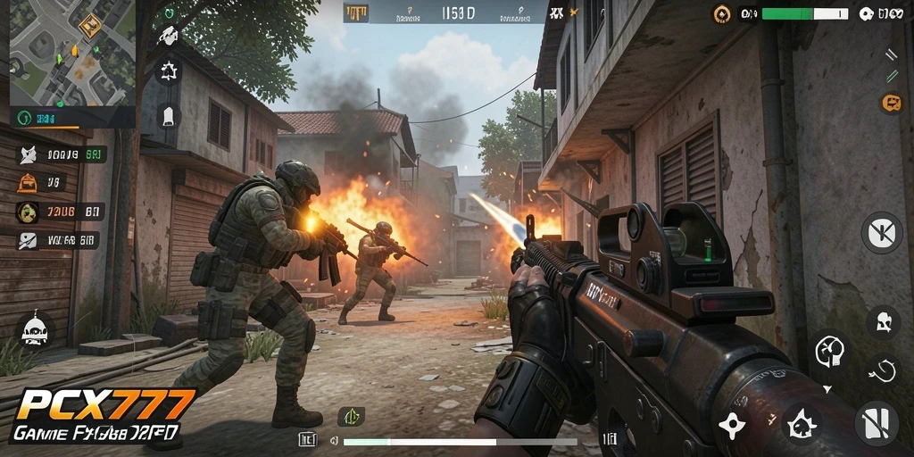 Tangkapan layar PCX777 menampilkan aksion seru dalam pertempuran FPS.