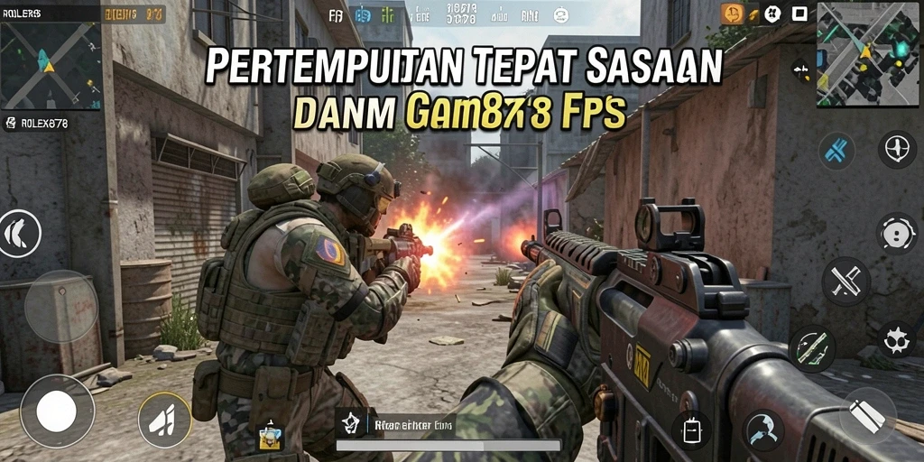 Screenshot utama yang menunjukkan aksi tembak-menembak intens dalam ROLEX878.