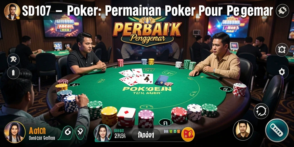 Screenshot utama SD107 menampilkan momen seru dalam permainan poker.