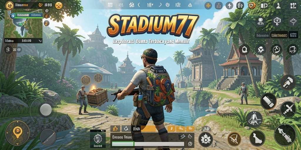 Screenshot gameplay <strong>STADIUM77</strong> yang menunjukkan eksplorasi dunia terbuka yang luas.