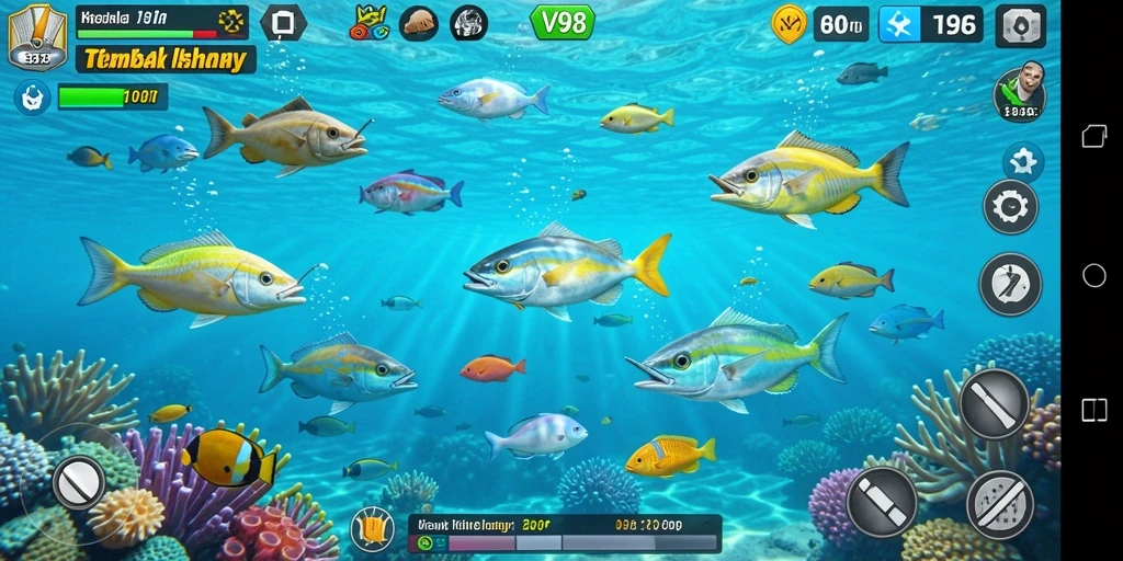 Screenshot gameplay V98 yang menampilkan serunya menangkap ikan di lautan.