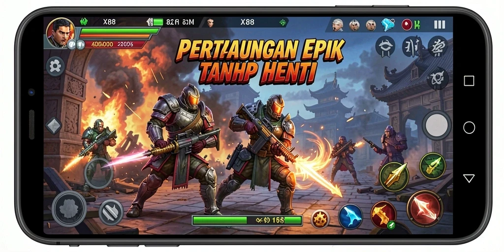 Gameplay pertarungan seru dengan karakter beragam dan aksi mendebarkan.